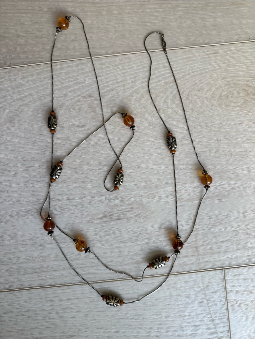 Amber Glass Bead Vintage Boho 1980’s 62” Necklace - Women Jewelry Mark 14KGP
